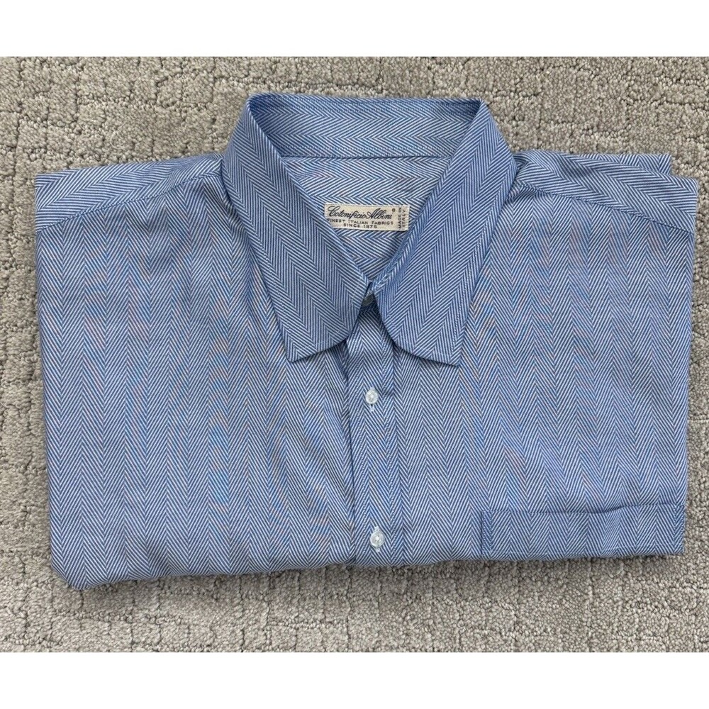 Cotonificio Albini 1876 Mens Custom Dress Shirt Blue Herringbone 20” Collar
